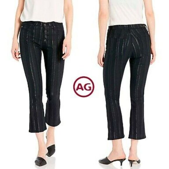 AG Jodi Crop High Rise Flare Gunmetal Metallic Stripe Button Front Jeans - Picture 2 of 16
